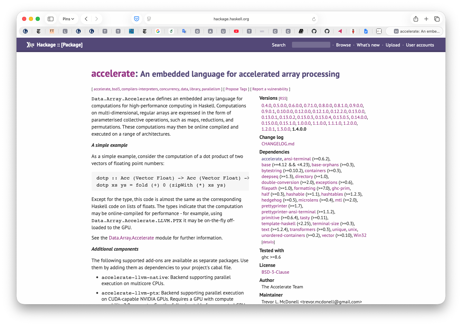 The HackageDB description of the `accelerate` package