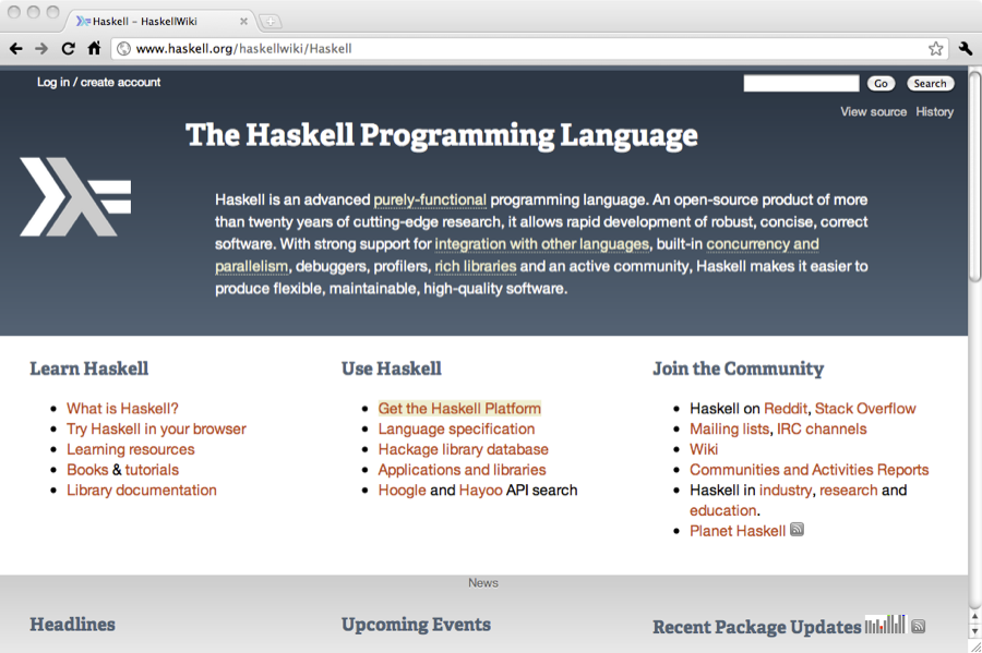 The Haskell home page, `www.haskell.org`